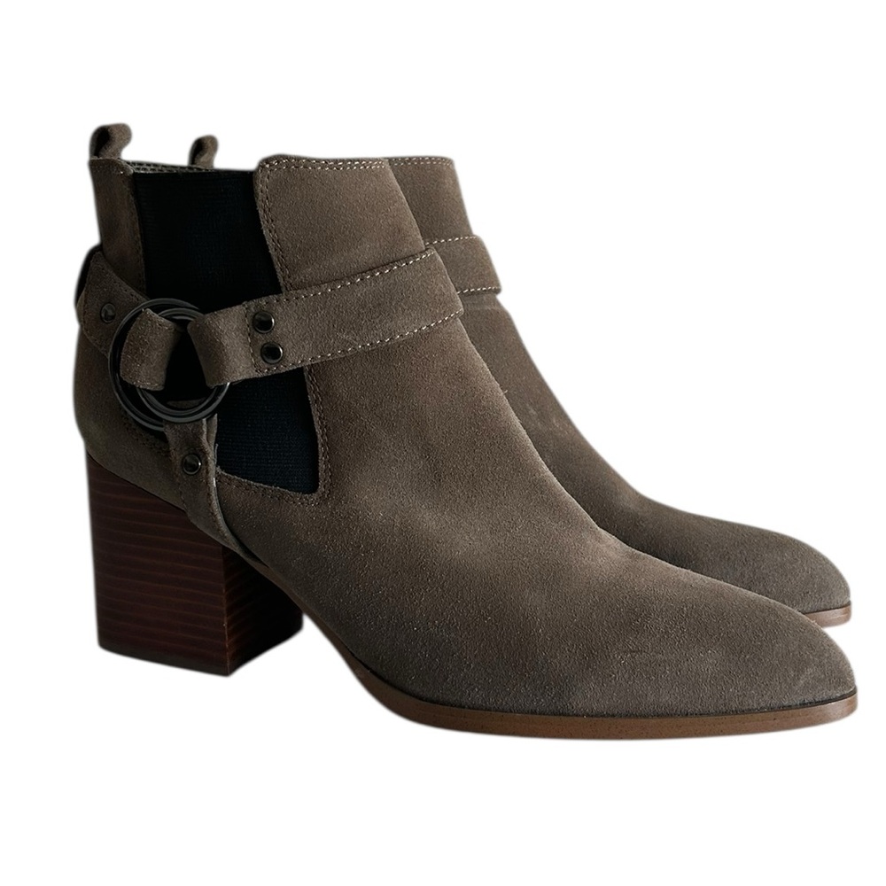 Marc Fisher View Suede Harness Booties Boots Size 11 Olive Block Heel Almond Toe